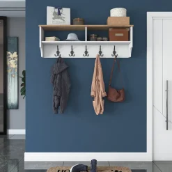 Appendiabiti Bianco Marrone Rovere 5 Ganci Installazione a Muro 37h cm, Colore Struttura Marrone - Magherno