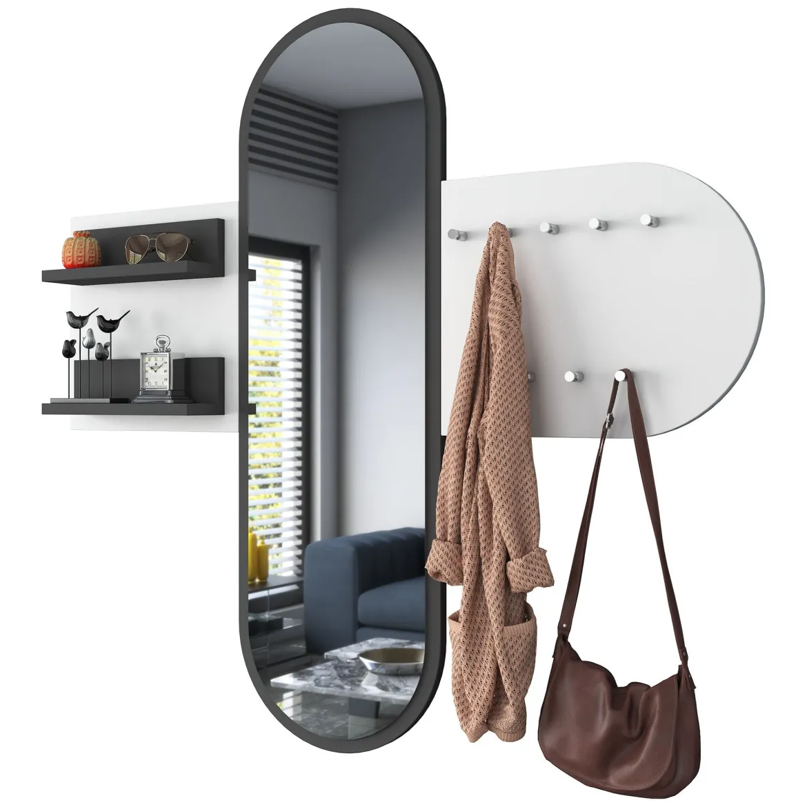 Appendiabiti Bianco Nero Antracite con Specchio 9 Ganci 120h cm, Installazione a Muro - Guardia