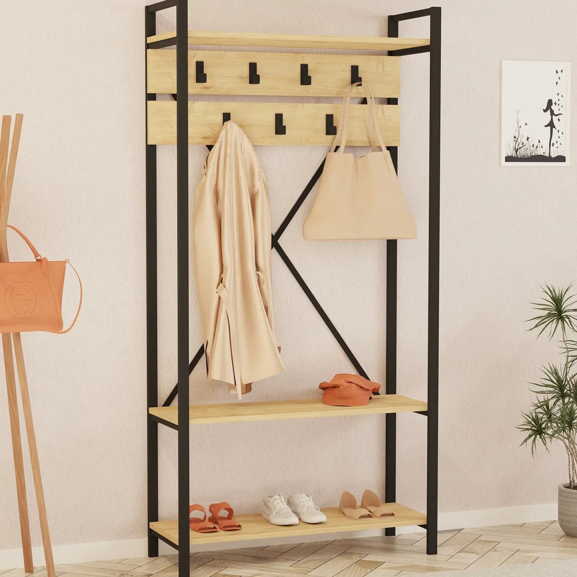 Appendiabiti Marrone Antracite Nero 7 Ganci Installazione a Terra 180h cm, Colore Struttura Nero - Celiera