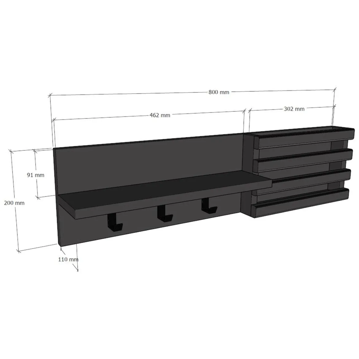 Appendiabiti Nero Antracite 3 Ganci Installazione a Muro 20h cm, Sfumatura Colore Struttura Antracite - Mandas