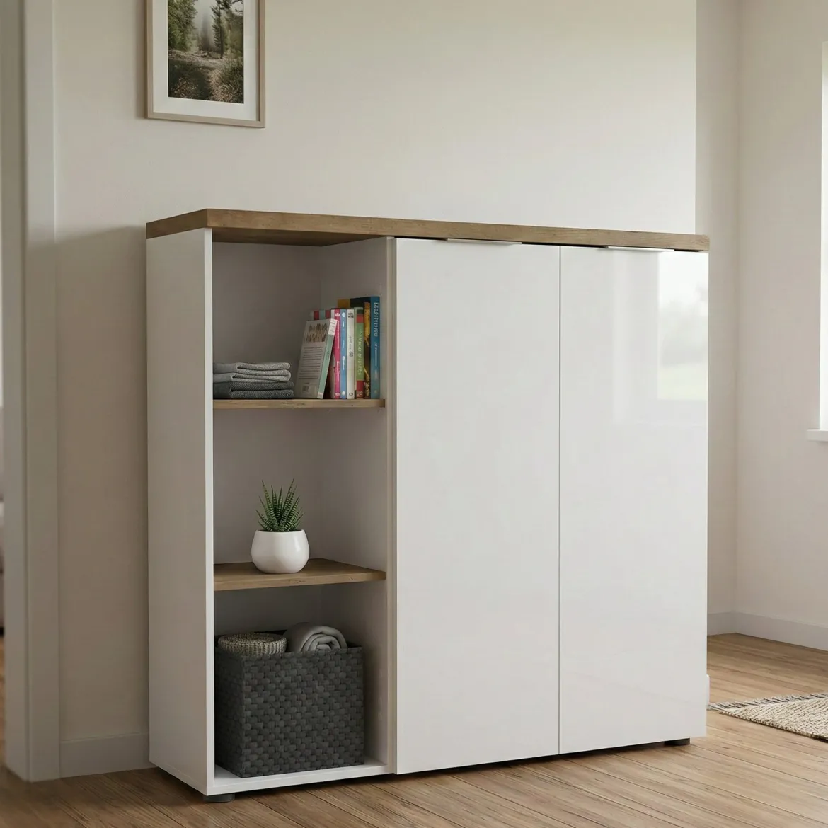 Armadio bianco lucido e legno salvaspazio 80x115h cm - Calavena