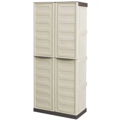 Armadio da Esterno Impermeabile 70x39x165h cm Portascope in Plastica Beige e Marrone con 3 Ripiani Regolabili e Chiusura a Lucchetto – Ipno