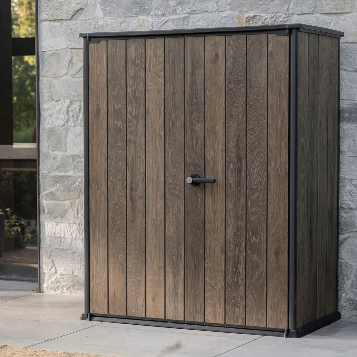Armadio da Esterno Marrone Noce Nero Cassetti 2 Ripiani 140x74x170h cm, Apertura Battente - Langdon