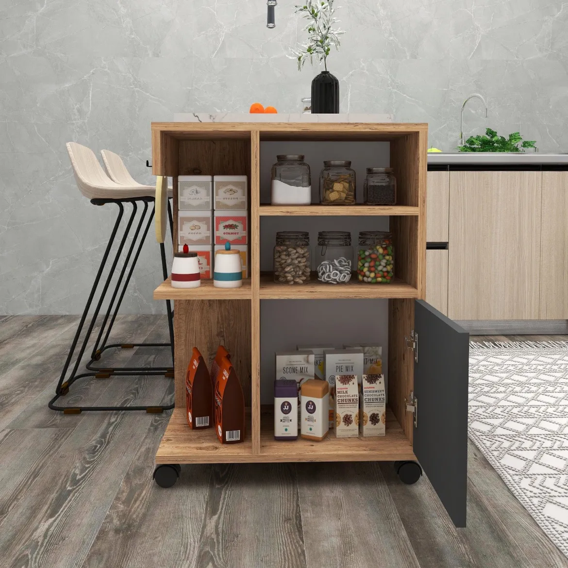 Armadio Multiuso 1 Anta Marrone Rovere Nero Antracite 5 Ripiani Un'anta 60x81h cm, 5 Vani - Fornelli