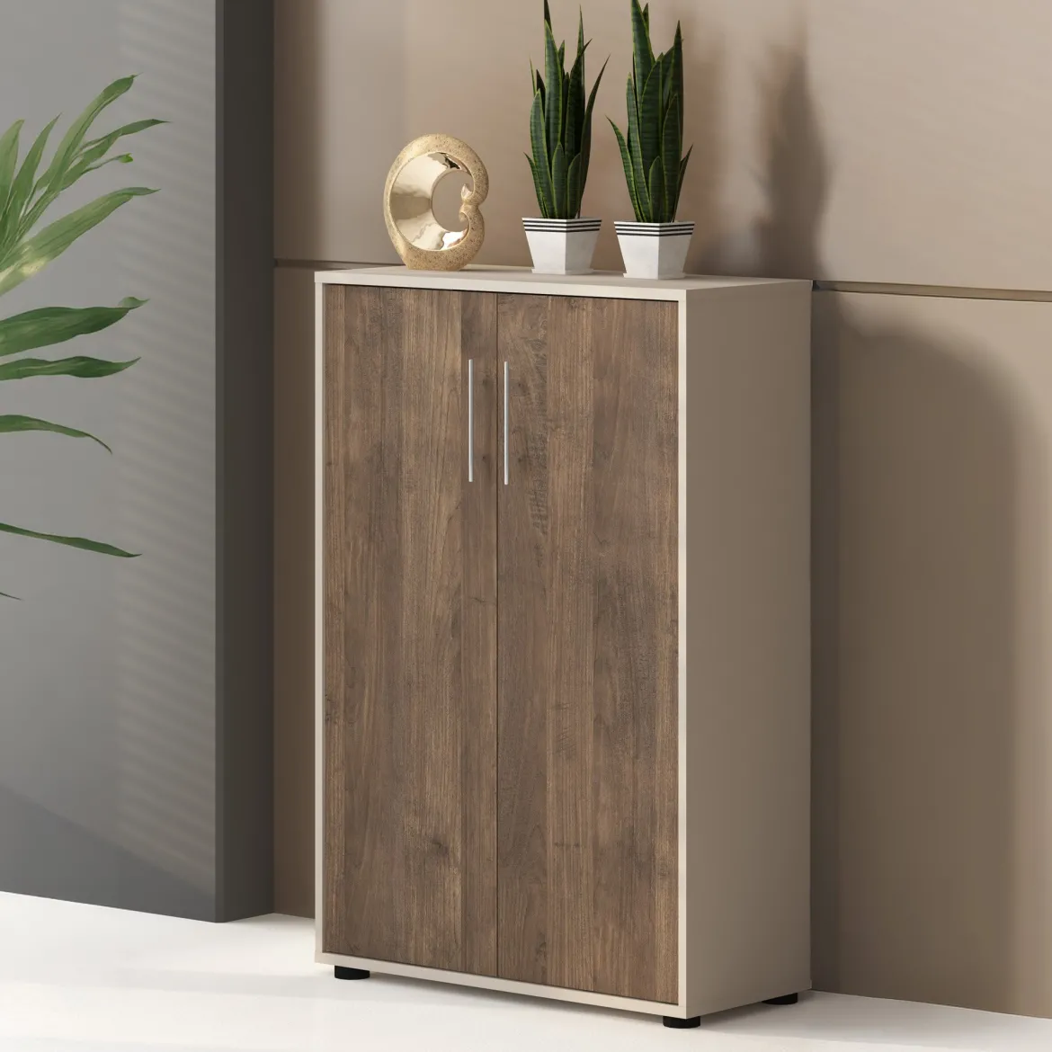 Armadio Multiuso 2 Ante Beige Marrone Noce 2 Ripiani 2 Ante 79x118h cm, 3 Vani - Parabita
