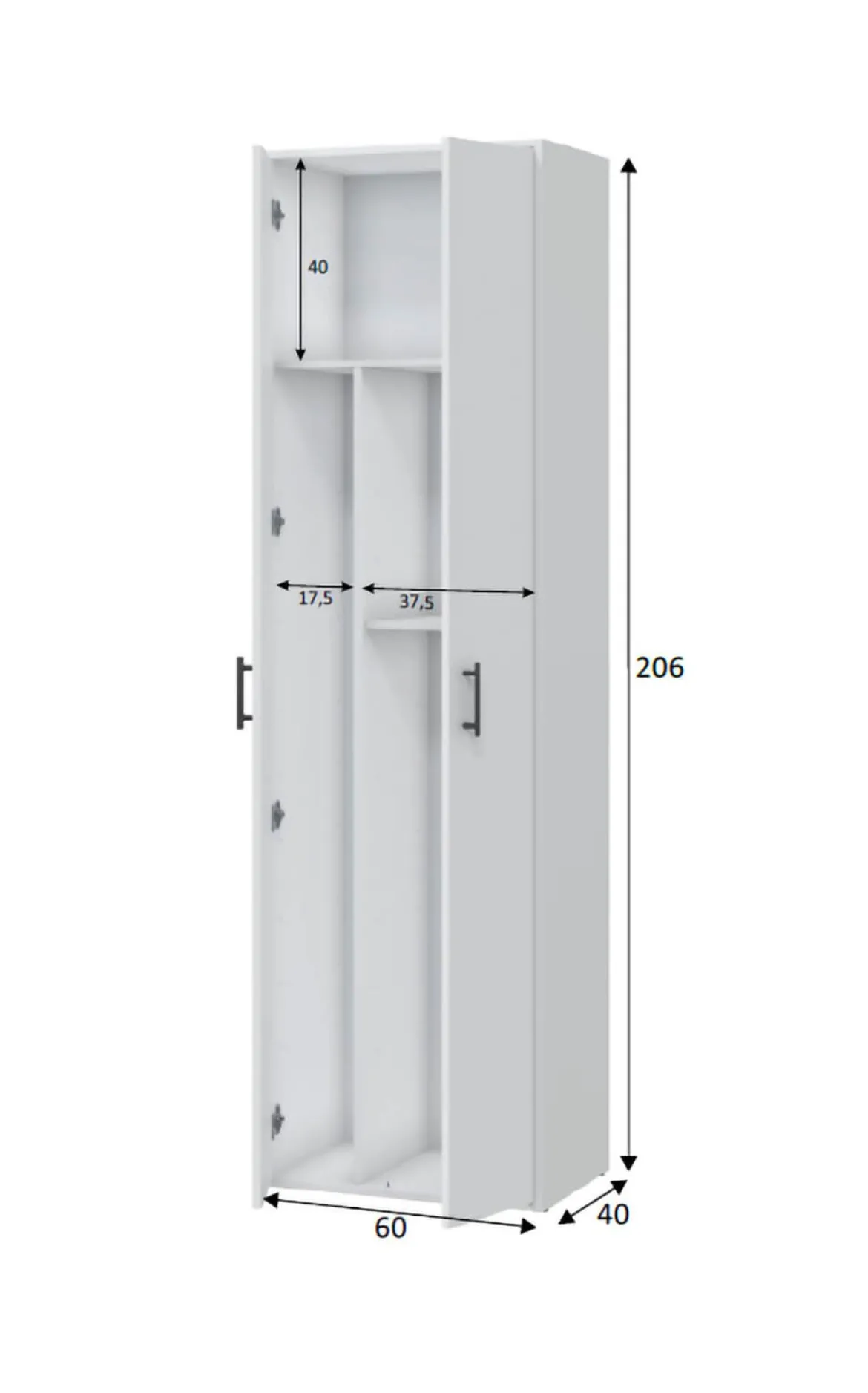 Armadio Multiuso 2 Ante Bianco 2 Ripiani Apertura Battente 60x206h cm, 2 Ante - Strevi