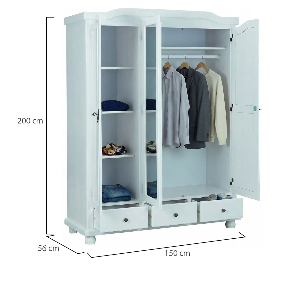 Armadio Multiuso 2 Ante Bianco 4 Ripiani 3 Cassetti 150x200h cm, Apertura Battente - Somma