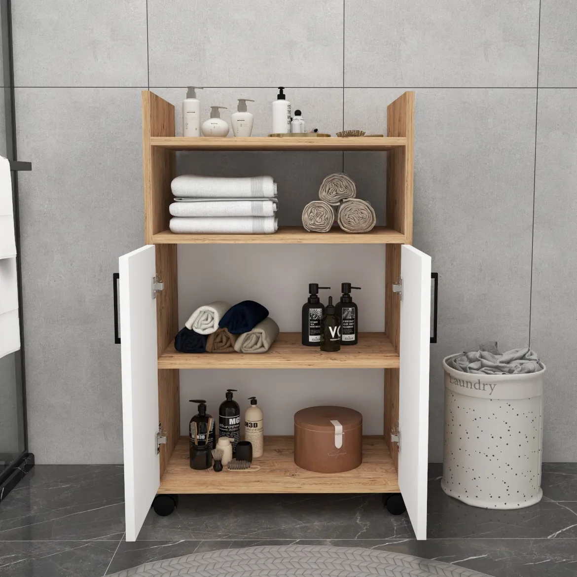 Armadio Multiuso 2 Ante Marrone Rovere 4 Ripiani 2 Ante 60x97h cm, 3 Vani - Marzi