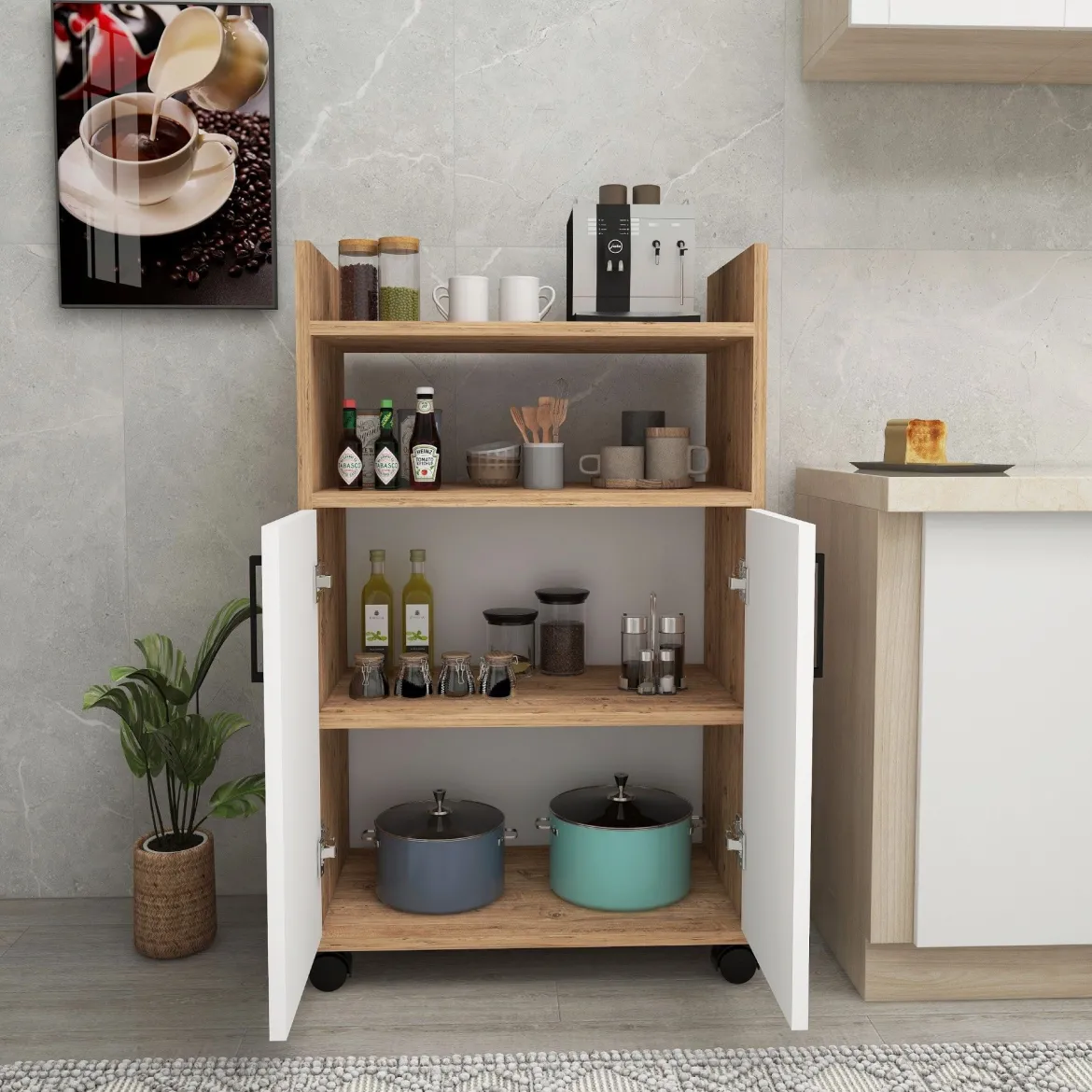 Armadio Multiuso 2 Ante Marrone Rovere 4 Ripiani 2 Ante 60x97h cm, 3 Vani - Marzi