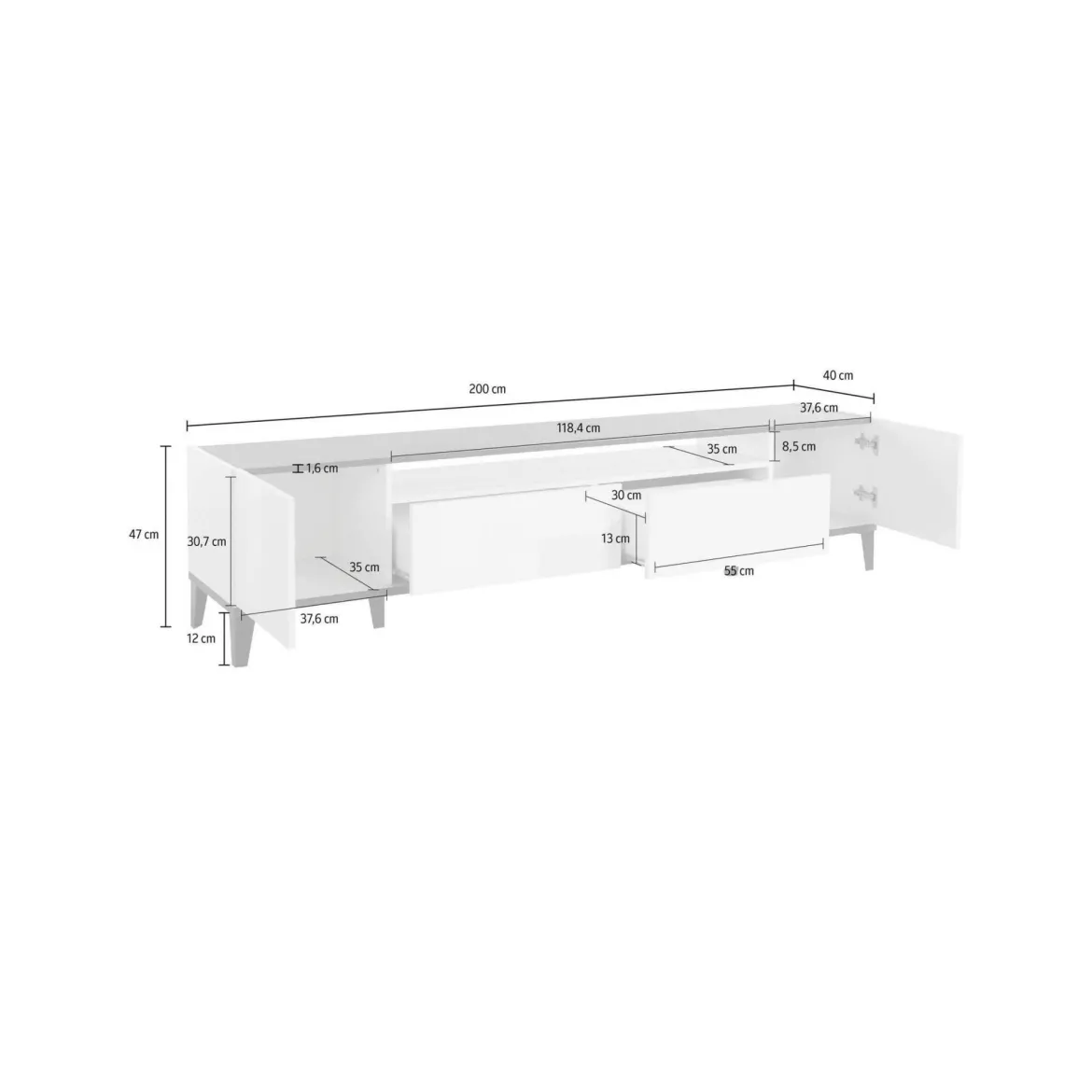 Base TV acero e ardesia 200x40x47h cm 2 ante e 2 cassetti - Abina