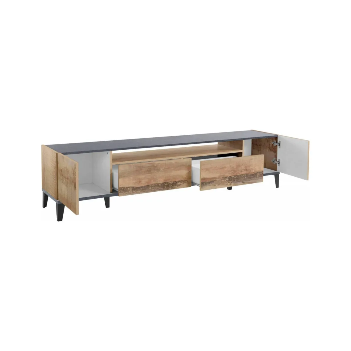 Base TV acero e ardesia 200x40x47h cm 2 ante e 2 cassetti - Abina