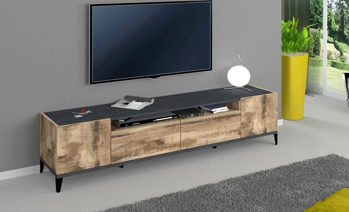 Base TV acero e ardesia 200x40x47h cm 2 ante e 2 cassetti - Abina