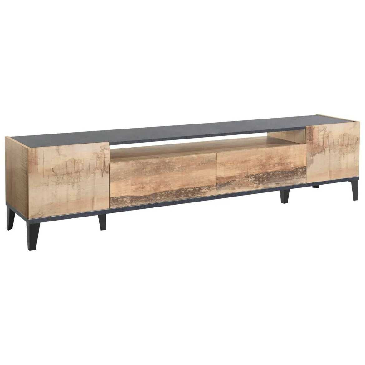 Base TV acero e ardesia 200x40x47h cm 2 ante e 2 cassetti - Abina