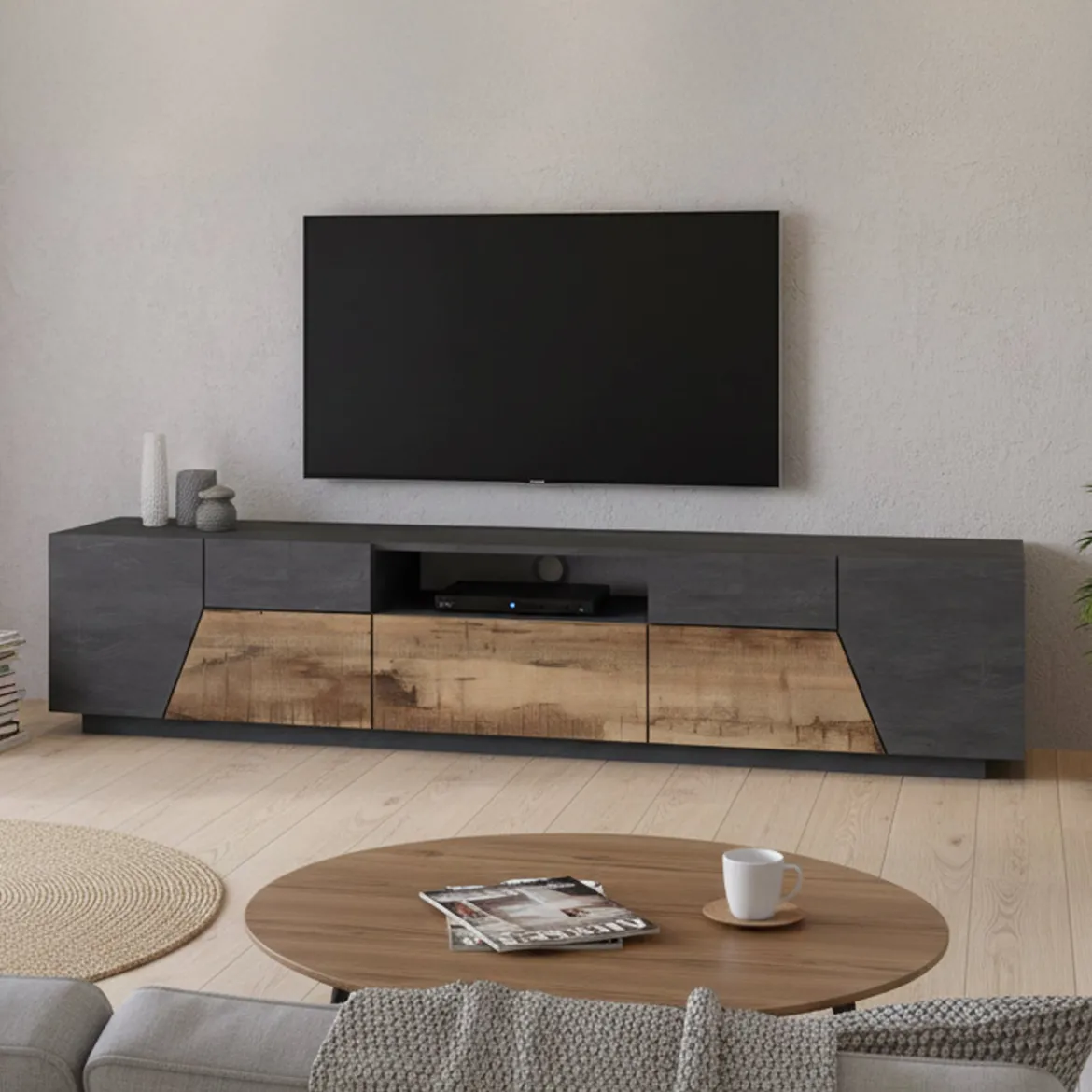 Base TV acero e ardesia 260x43x46h cm 4 ante e 2 cassetti - Asdrubale
