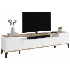 Base TV bianco lucido e acero 200x40x47h cm 2 ante e 2 cassetti - Abina