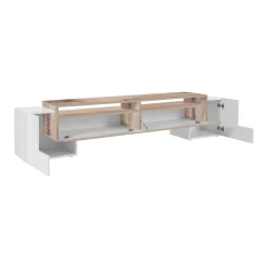 Base TV bianco lucido e acero 220x43x46h cm 4 ante e 1 cassetto - Animai