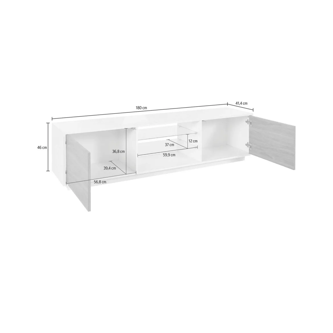 Base TV bianco lucido 180x41x46h cm 2 ante - Lola