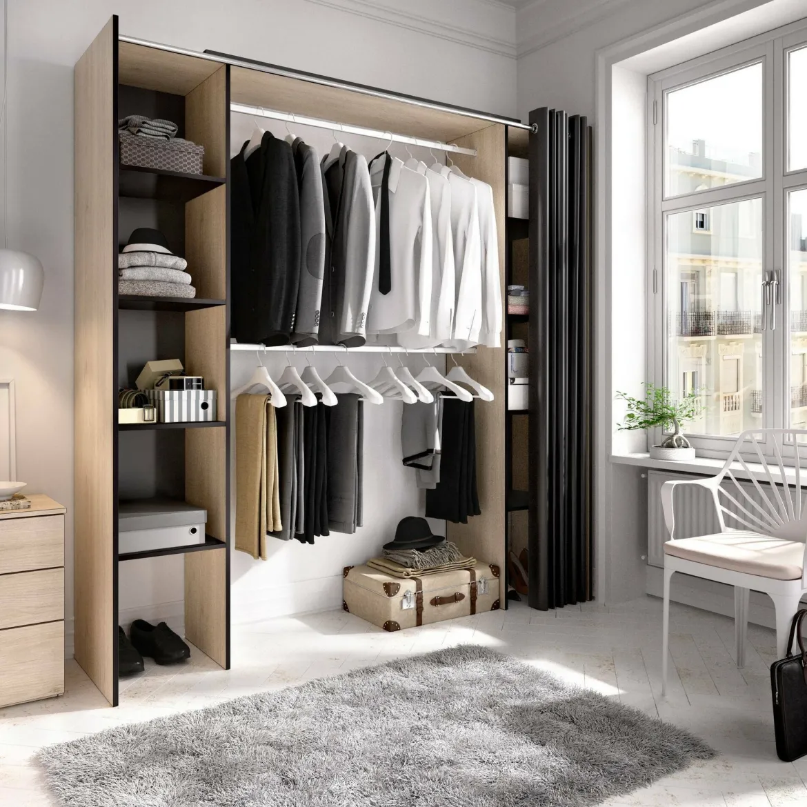 Cabina armadio con tenda rovere e grigia 180x205h cm - Acron