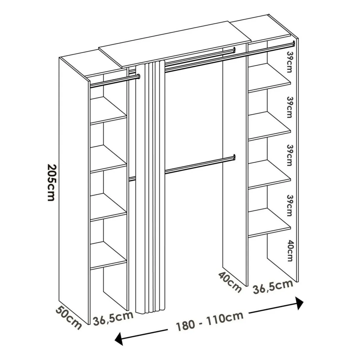 Cabina armadio con tenda rovere e grigia 180x205h cm - Acron