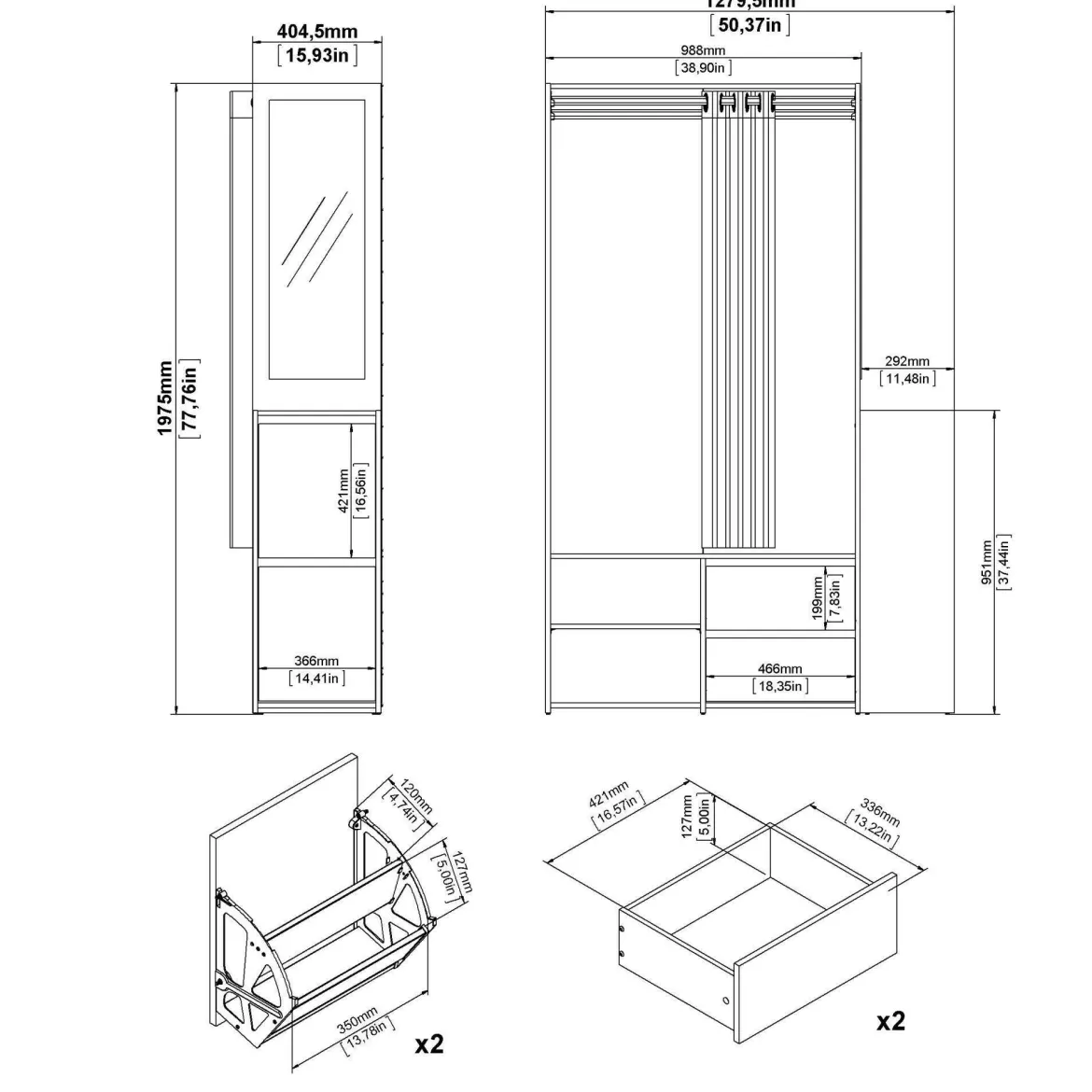Cabina armadio in legno rovere e bianca 127x197h cm - Amaranto