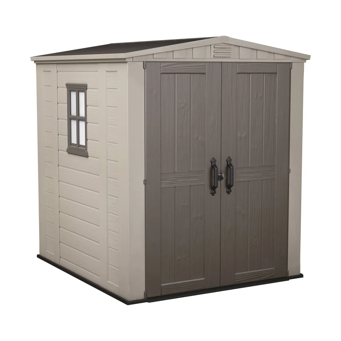Casetta da Giardino Beige Nero Resistente Agli Agenti Atmosferici Presenza Finestre 184x111x201h cm, Tetto a due Falde - Tiffin
