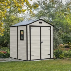 Casetta da Giardino Beige Nero Resistente Agli Agenti Atmosferici Presenza Finestre 186x237x227h cm, Tetto a due Falde - Wadena
