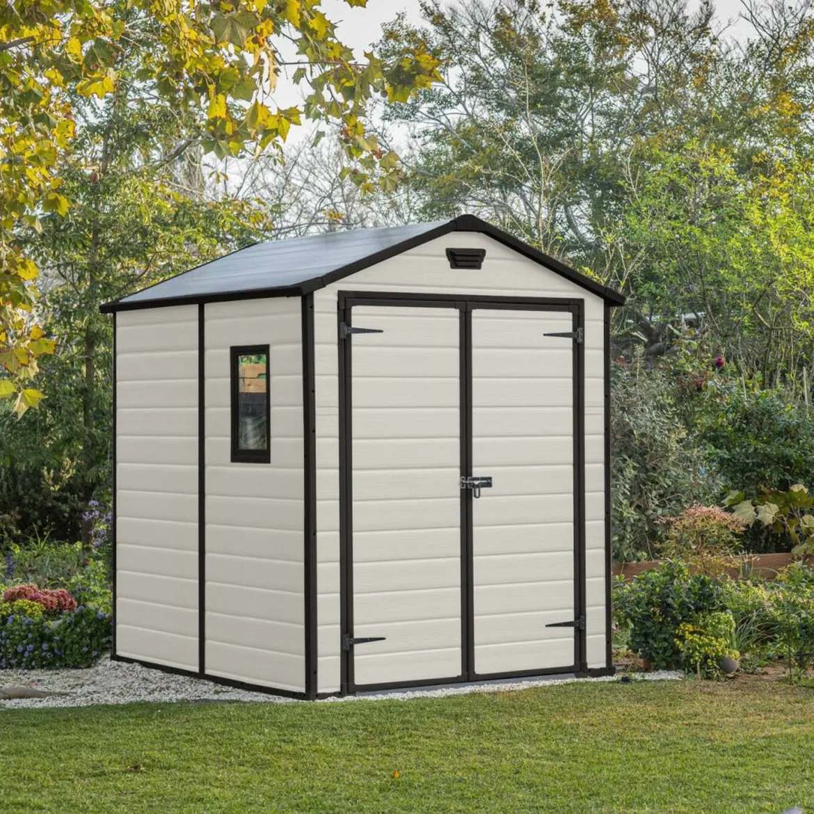 Casetta da Giardino Beige Nero Resistente Agli Agenti Atmosferici Presenza Finestre 256x332x243h cm, Tetto a due Falde - Weyburn