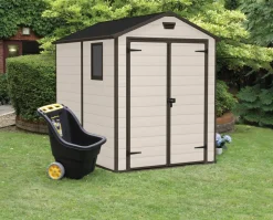Casetta da Giardino Beige Nero Resistente Agli Agenti Atmosferici Presenza Finestre 256x332x243h cm, Tetto a due Falde - Weyburn