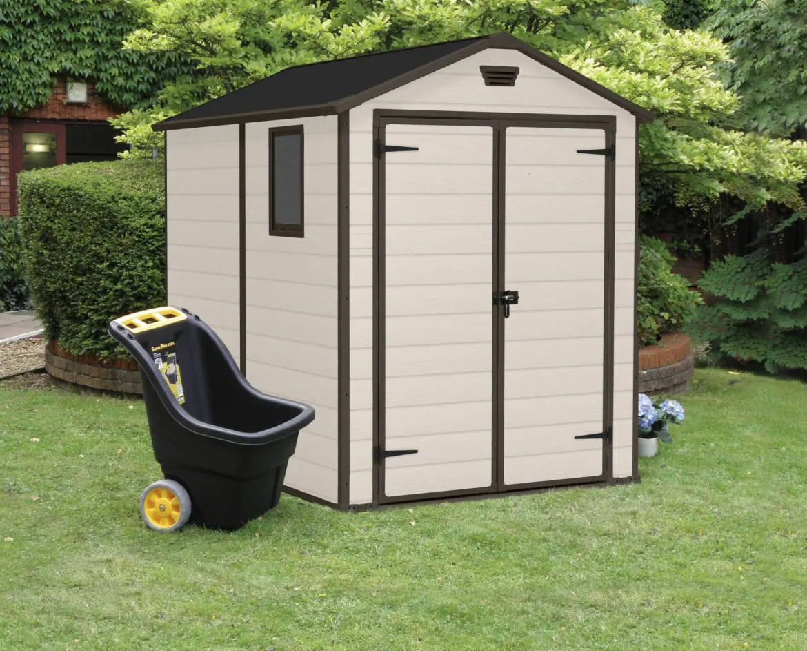 Casetta da Giardino Beige Nero Resistente Agli Agenti Atmosferici Presenza Finestre 256x332x243h cm, Tetto a due Falde - Weyburn