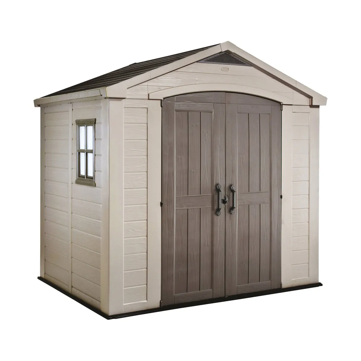 Casetta da Giardino Beige Nero Resistente Agli Agenti Atmosferici Presenza Finestre 257x255x243h cm, Tetto a due Falde - Traverse