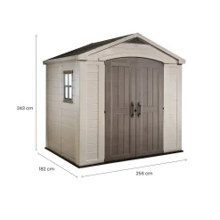 Casetta da Giardino Beige Nero Resistente Agli Agenti Atmosferici Presenza Finestre 257x255x243h cm, Tetto a due Falde - Traverse