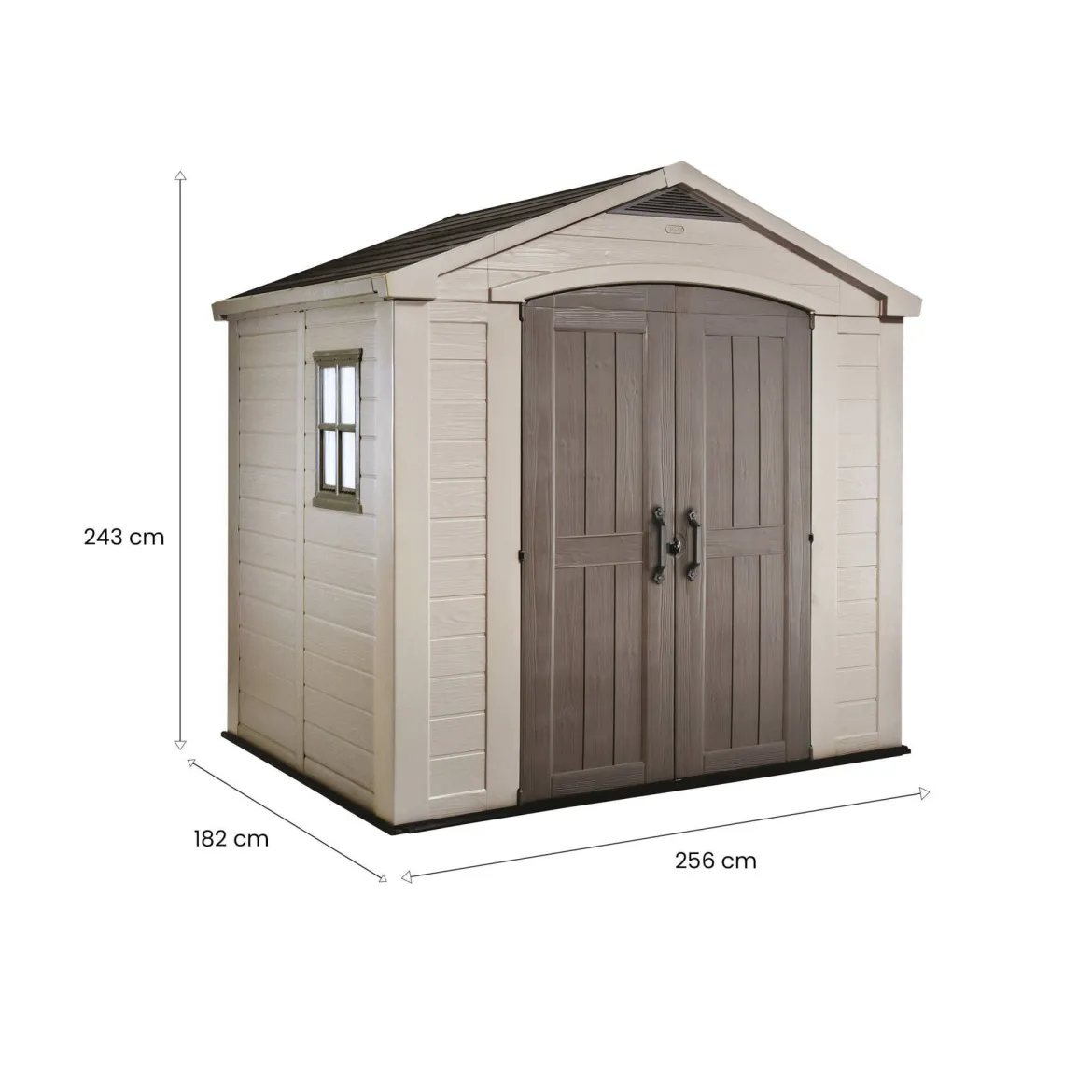Casetta da Giardino Beige Nero Resistente Agli Agenti Atmosferici Presenza Finestre 257x255x243h cm, Tetto a due Falde - Traverse