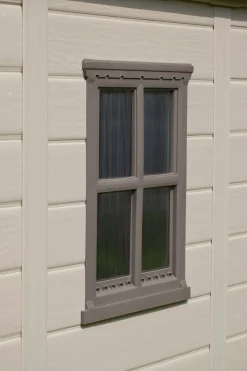 Casetta da Giardino Beige Nero Resistente Agli Agenti Atmosferici Presenza Finestre 257x255x243h cm, Tetto a due Falde - Traverse