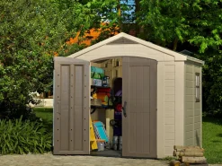 Casetta da Giardino Beige Nero Resistente Agli Agenti Atmosferici Presenza Finestre 257x255x243h cm, Tetto a due Falde - Traverse
