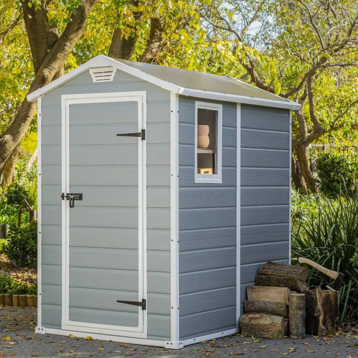 Casetta da Giardino Grigio Bianco Resistente Agli Agenti Atmosferici Presenza Finestre 130x192x198h cm, Tetto a due Falde - Stillman