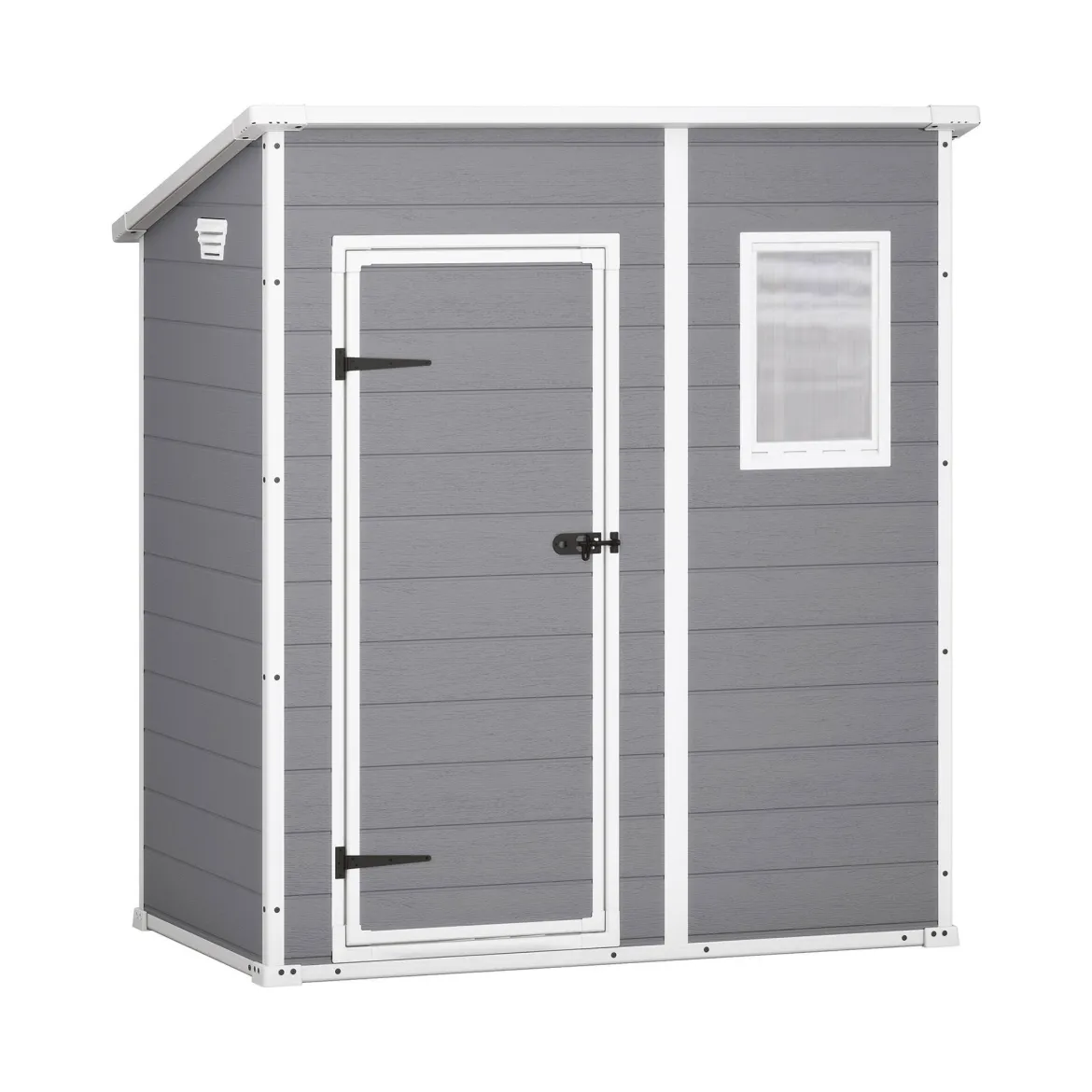 Casetta da Giardino Grigio Bianco Resistente Agli Agenti Atmosferici Presenza Finestre 184x111x201h cm, Tetto a due Falde - Tiffin