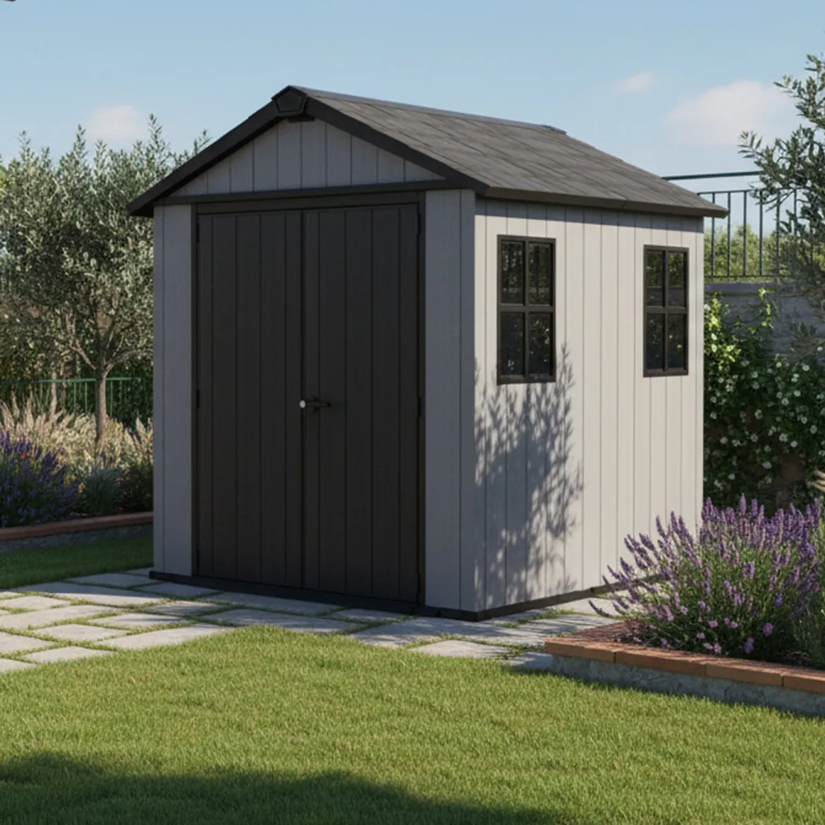 Casetta da Giardino Grigio Nero Lucchettabile, Finitura in Resina Presenza Finestre 230x287x246h cm, Tetto a due Falde - Perham