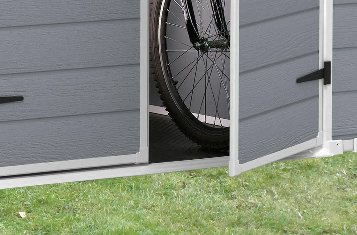 Casetta da Giardino Grigio Nero Resistente Agli Agenti Atmosferici Presenza Finestre 185x152x226h cm, Tetto a due Falde - Sheboygan