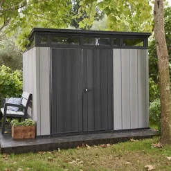 Casetta da Giardino Grigio Nero Resistente Agli Agenti Atmosferici Presenza Finestre 342x218x226h cm, Tetto Piano - Cobourg