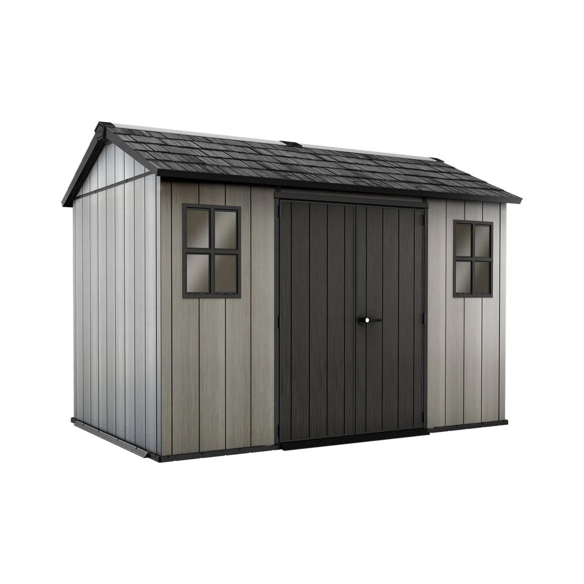 Casetta da Giardino Grigio Nero Resistente Agli Agenti Atmosferici Presenza Finestre 350x229x254h cm, Tetto a due Falde - Dartmouth