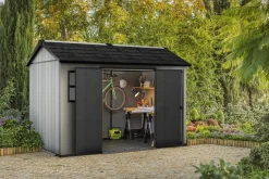 Casetta da Giardino Grigio Nero Resistente Agli Agenti Atmosferici Presenza Finestre 350x229x254h cm, Tetto a due Falde - Dartmouth