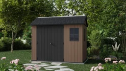 Casetta da Giardino Marrone Nero Resistente Agli Agenti Atmosferici Presenza Finestre 230x287x246h cm, Tetto a due Falde - Perham