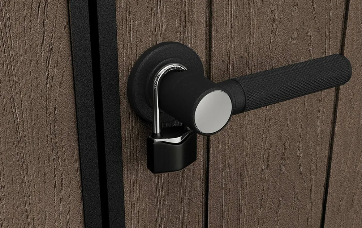 Casetta da Giardino Marrone Nero Resistente Agli Agenti Atmosferici Presenza Finestre 230x287x246h cm, Tetto a due Falde - Perham