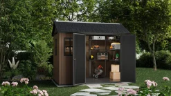 Casetta da Giardino Marrone Nero Resistente Agli Agenti Atmosferici Presenza Finestre 230x287x246h cm, Tetto a due Falde - Perham