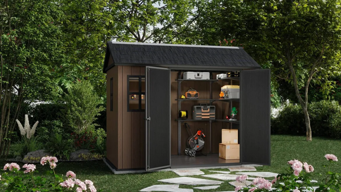 Casetta da Giardino Marrone Nero Resistente Agli Agenti Atmosferici Presenza Finestre 230x287x246h cm, Tetto a due Falde - Perham