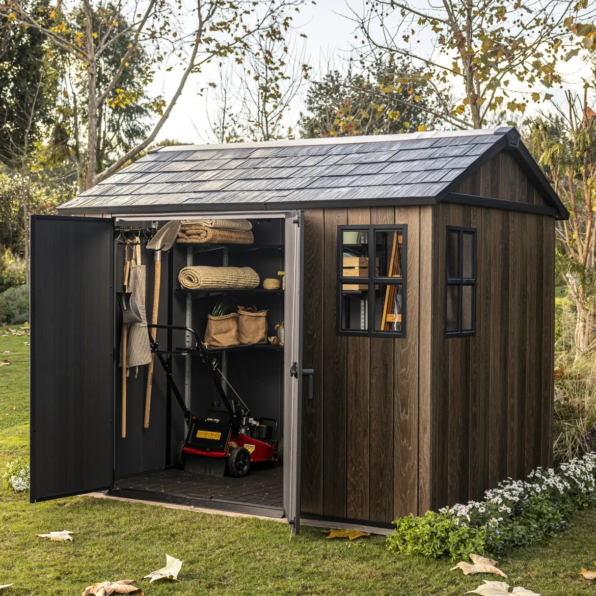 Casetta da Giardino Marrone Noce Nero Lucchettabile, Finitura in Resina Presenza Finestre 340x218x226h cm, Tetto a una Falda - Northfield