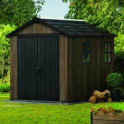 Casetta da Giardino Marrone Noce Nero Lucchettabile, Finitura in Resina Presenza Finestre 340x218x226h cm, Tetto a una Falda - Northfield