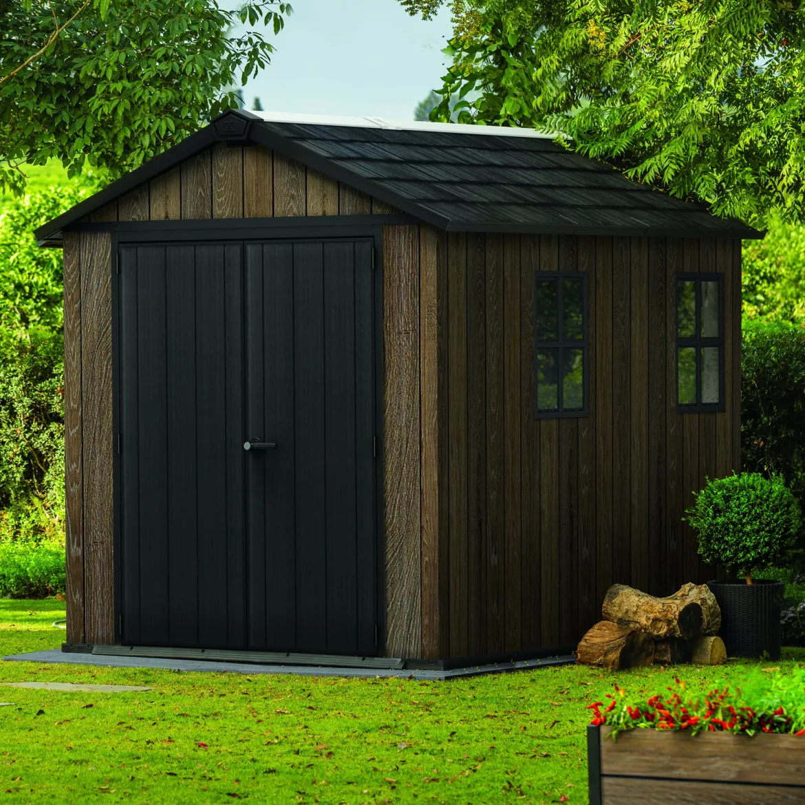 Casetta da Giardino Marrone Noce Nero Lucchettabile, Finitura in Resina Presenza Finestre 340x218x226h cm, Tetto a una Falda - Northfield