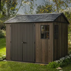 Casetta da Giardino Marrone Noce Nero Lucchettabile, Finitura in Resina Presenza Finestre 340x218x226h cm, Tetto a una Falda - Northfield