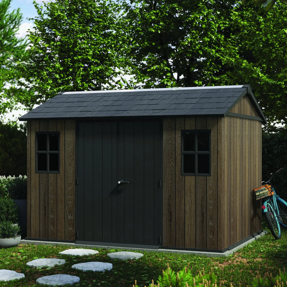 Casetta da Giardino Marrone Noce Nero Pavimento Rialzato, Modulabile, Lucchettabile Presenza Finestre 224x230x246h cm, Tetto a due Falde - Mattoon